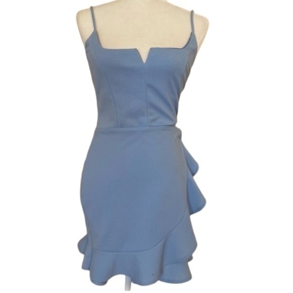 Hallelu Women’s Blue Faux Wrap Side Tie Ruffle Spaghetti Strap Mini Party Dress